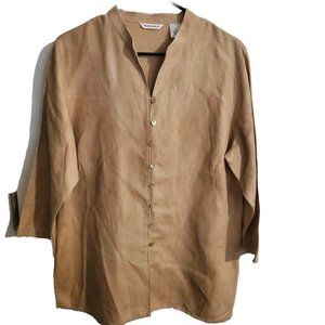Laura Ashley Blouse XL Ladies 100% Linen  Shirt Khaki 3/4 Sleeve ButtonFront VTG